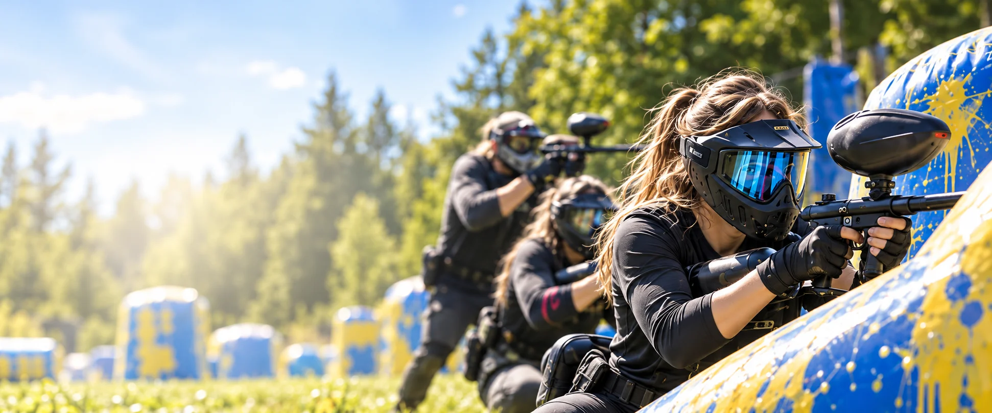 Freizeitspielerin mit Paintball-Schutzmaske auf einem sonnigen Outdoor-Spielfeld