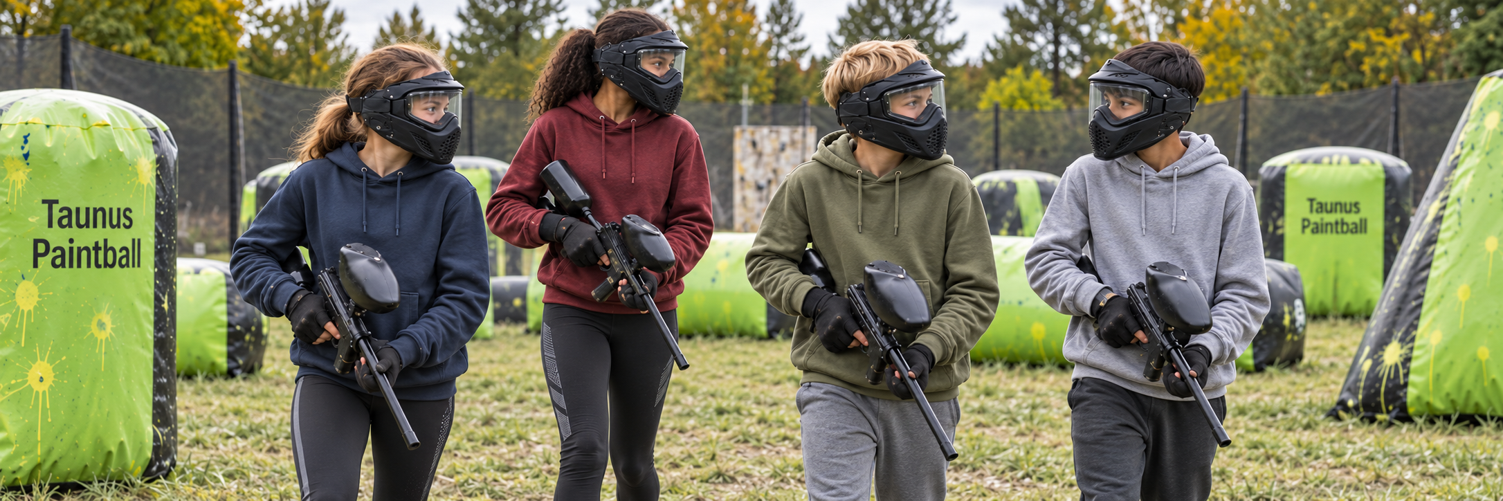Mädchen und Jungen mit Schutzmasken beim Freizeit-Paintball